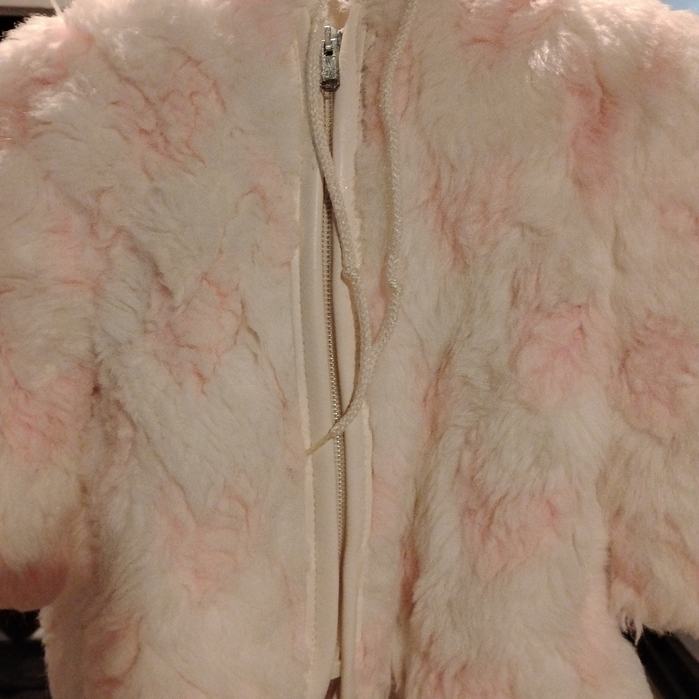 Vintage Baby Girls Faux Fur Coat White Pink Zip Front Hooded 18 Months USA Made